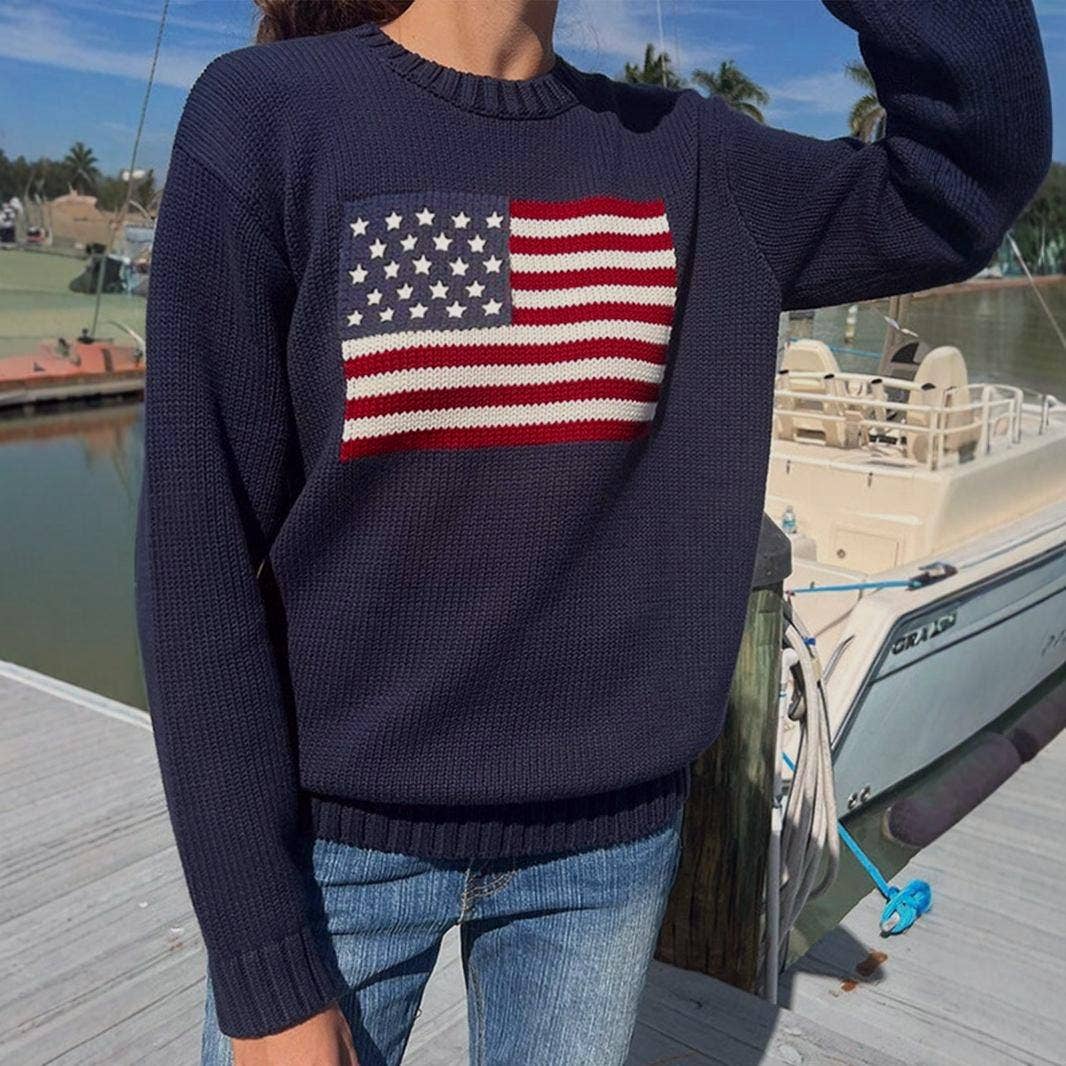 HIDDENBRAND - Wholesale Knit Sweater - Women's - Jacquard knit American flag sweater1