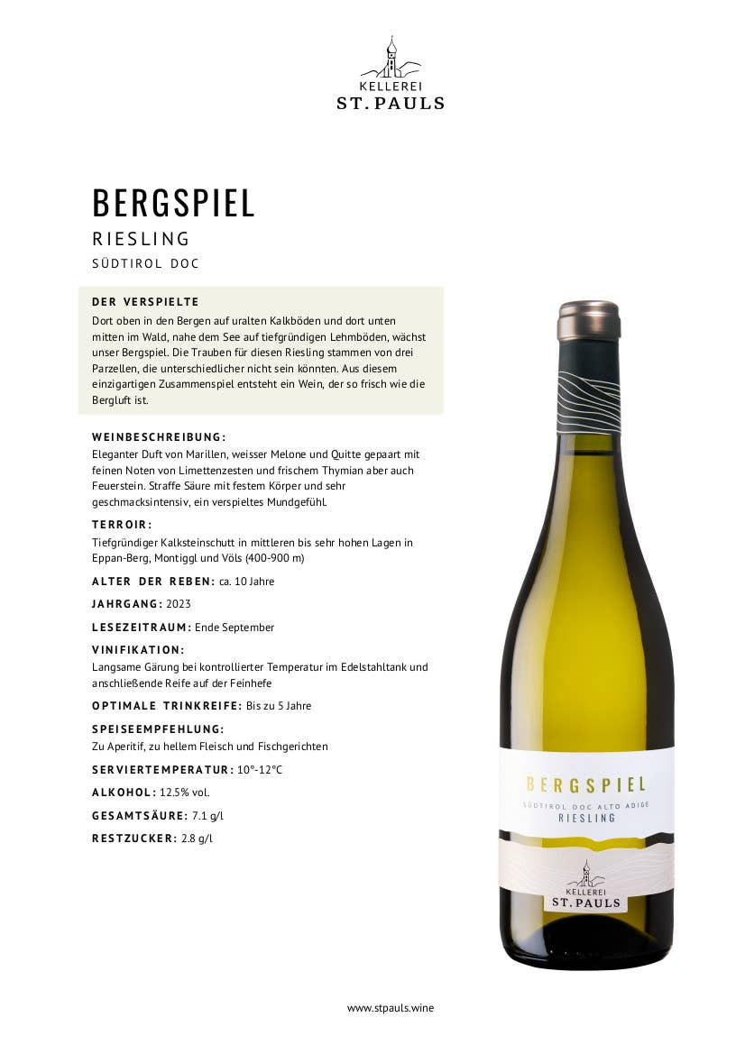 Metina SAS - Vendita all'ingrosso Vino bianco - Bergspiel Riesling Alto Adige DOC Cantina San Paolo 75 cl.2