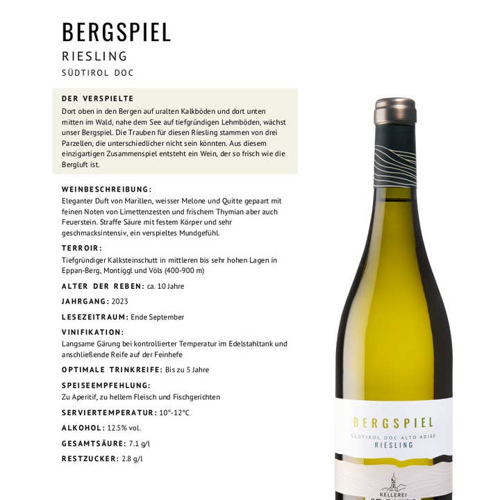 Metina SAS - Vendita all'ingrosso Vino bianco - Bergspiel Riesling Alto Adige DOC Cantina San Paolo 75 cl.2
