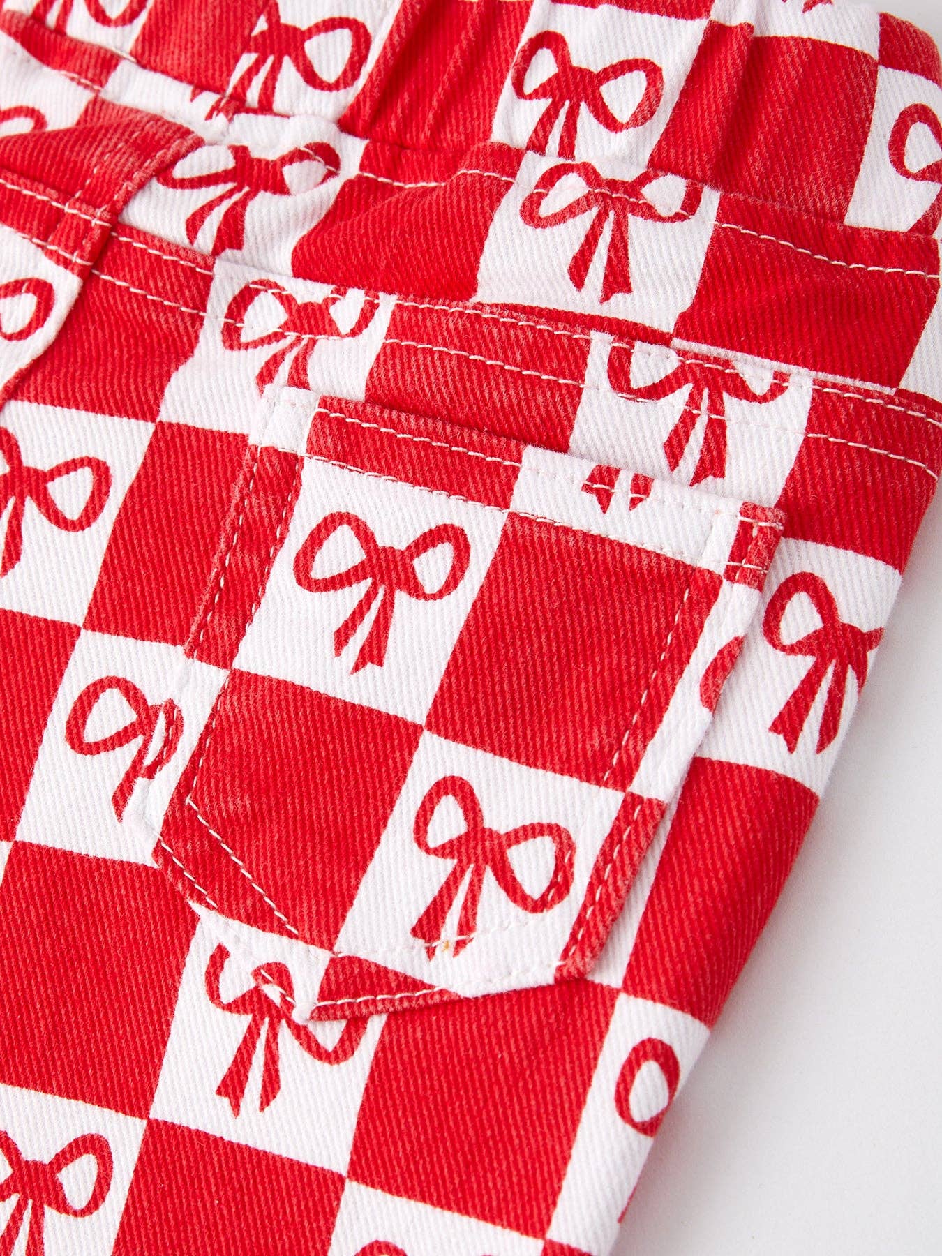 Rylee Faith Designs - Vente Jean – enfant - Jeans évasés à carreaux avec imprimé nœud rouge pour filles3