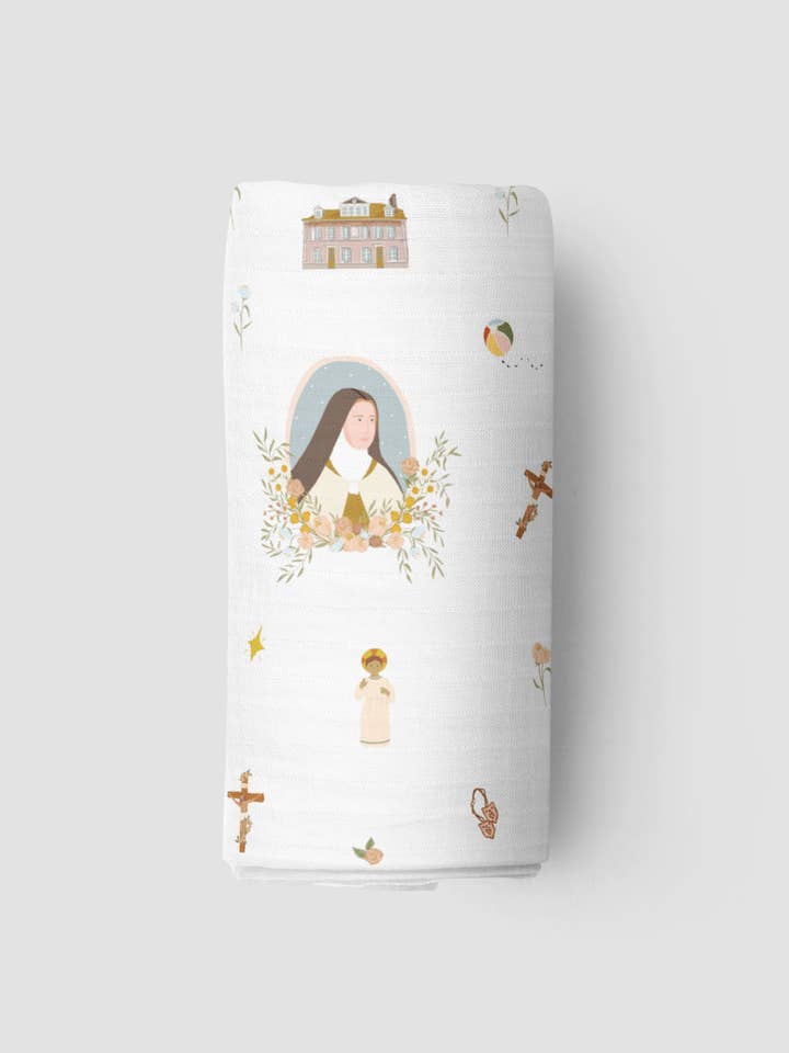Be A Heart – wholesale Lindning - Baby – St. Therese of Lisieux muslinsvep till babyfilt2