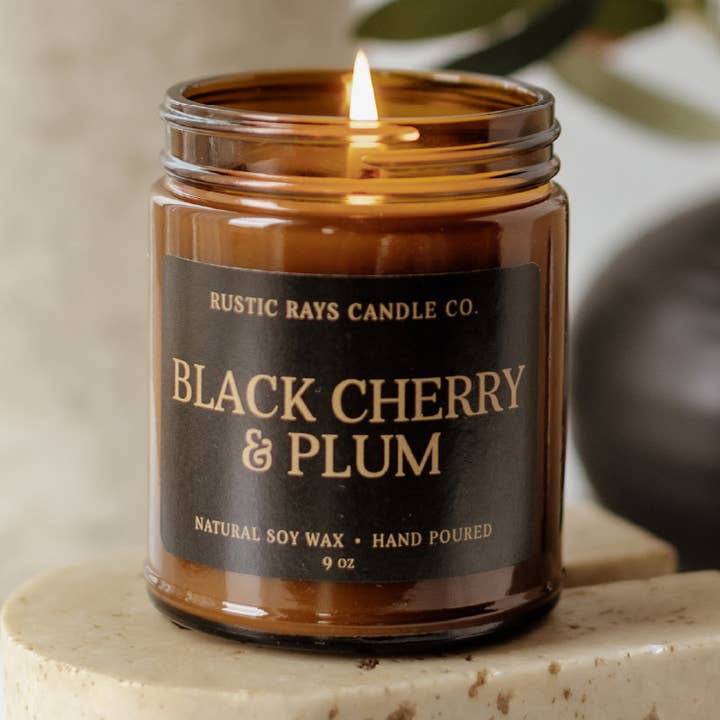 Black Cherry & Plum 9 oz Soy Candle - Home Decor & Gifts for wholesale by Rustic Rays Candle Co.
