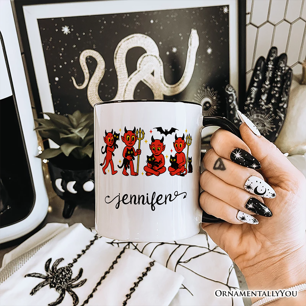 Blanco - Mango Negro Taza Personalizada de Diablillos Rojos y Gatos Adorables, Halloween Vintage de venta al por mayor en Faire4