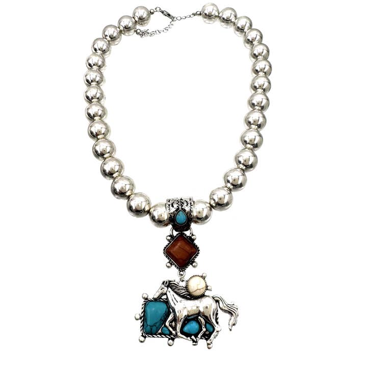 Lunar Deer - Vendita all'ingrosso Collana con ciondolo/pendaglio - Collana con Cabochon Turchese e Sfere Voluminose Marrone Cavallo