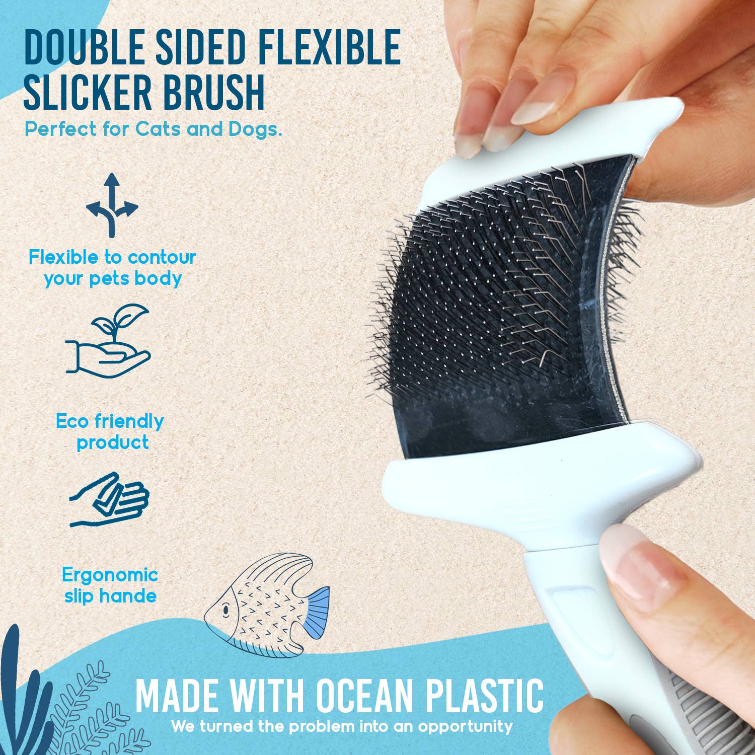 Precious Tails - Wholesale Pet Brush - Cat/Dog - Ocean Plastic by PT Double-Sided Flexible Slicker Brush 1