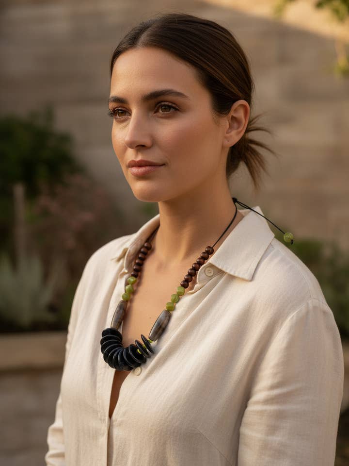 FRT06 - Fully adjustable necklace, wood, acrylic and clay for wholesale by Gist Jewellery