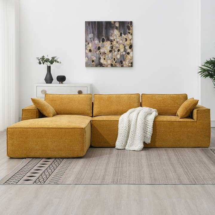 Yellow Minimalist Modular Chenille Sectional Sofa Bed for wholesale on Faire