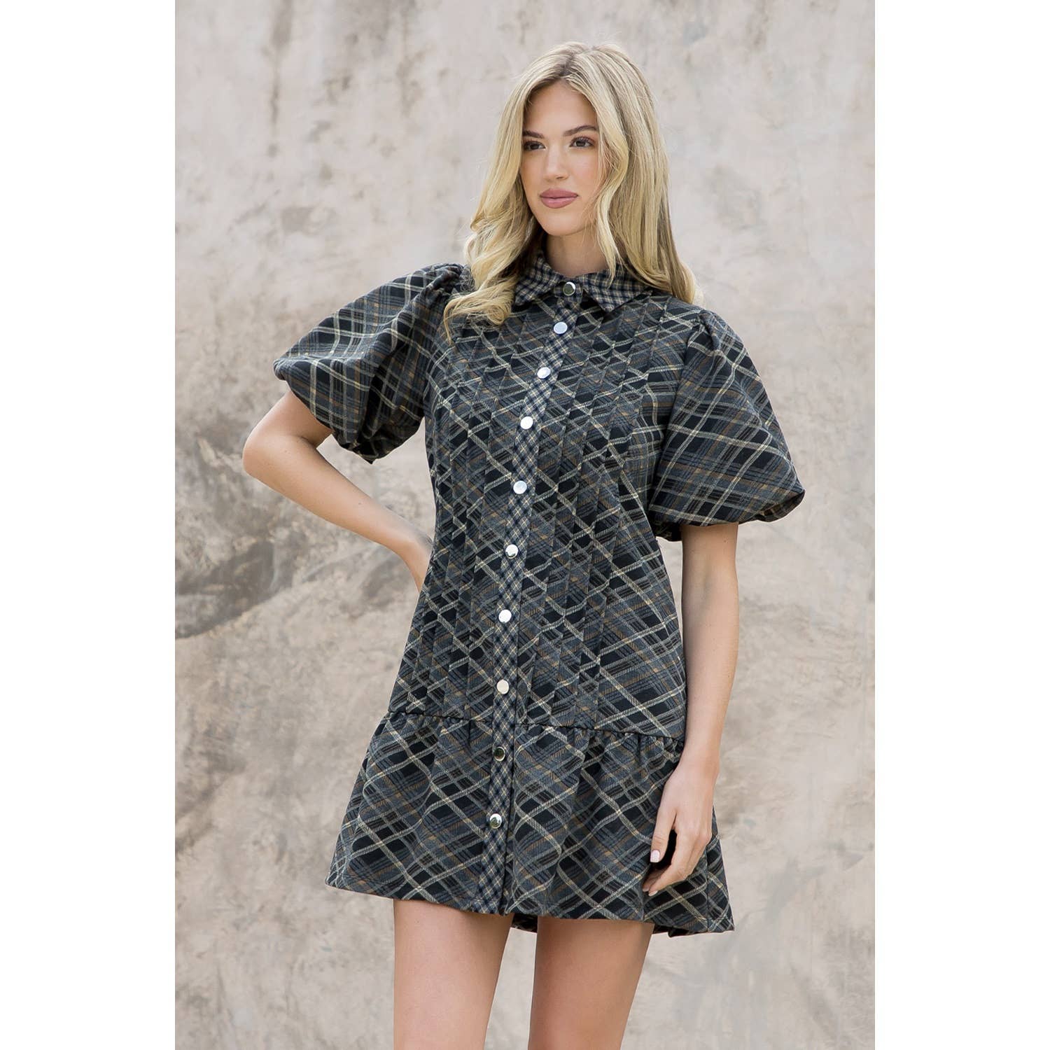 BLACK Puff Sleeve Plaid Suede Dress for wholesale on Faire5