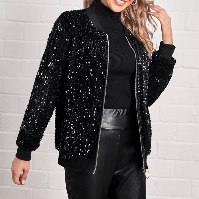 Black Stylish Sequined Women'S Casual Jacket for wholesale on Faire1