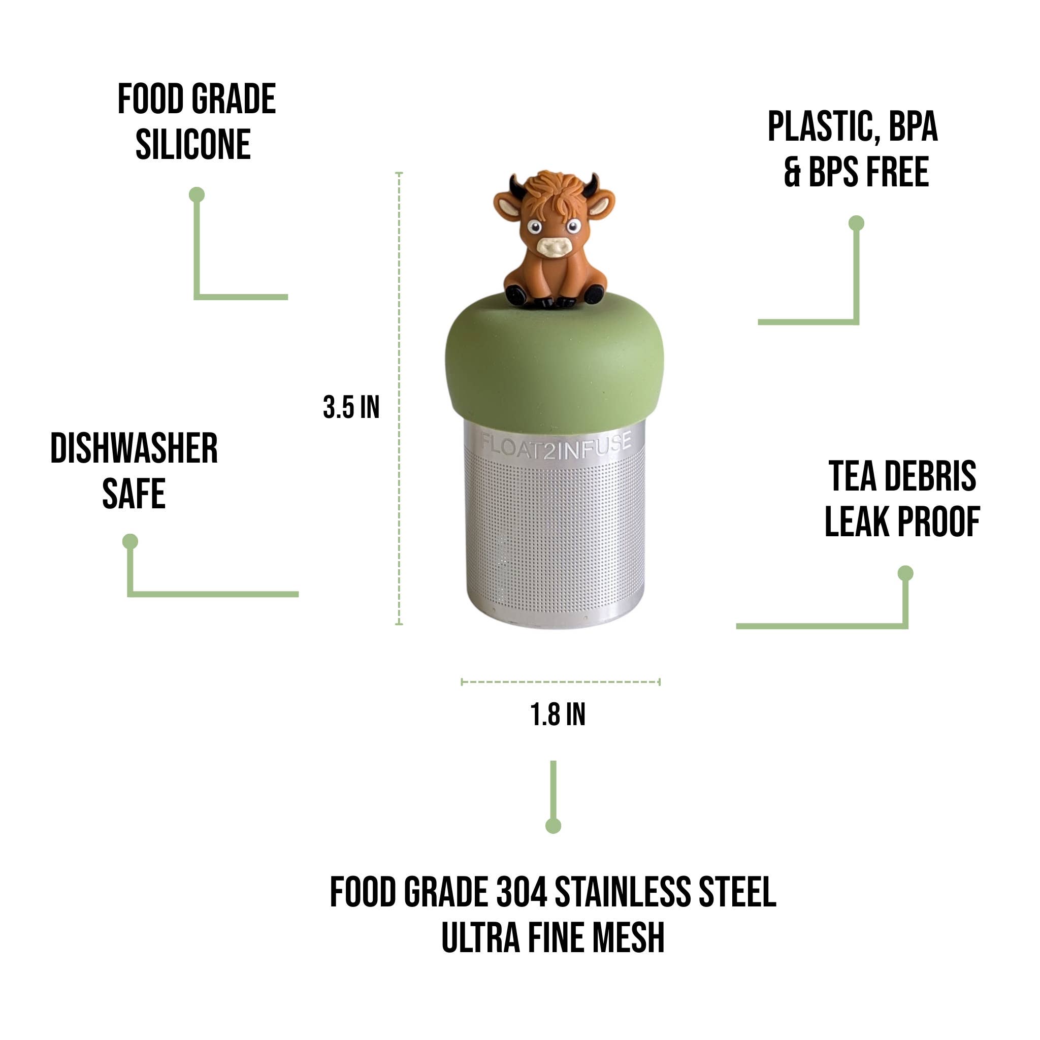 Float2infuse Tea Infuser - Wholesale Tea Strainer/Infuser - Baby Highland Cow | Floating Tea Steeper | Green Base1