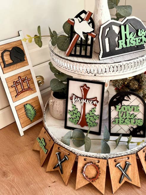 Easter He is Risen Wood Tier Tray Decor 5pc kit for wholesale by Finding Farmhouse Crafts & More