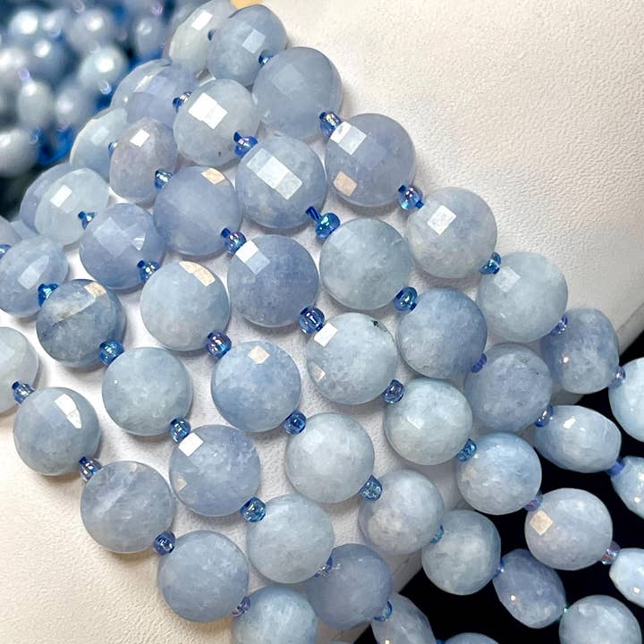 10mm Aquamarine Quartz Gemstone Faceted Coin Beads Strands for wholesale by TRIVENI USA INC