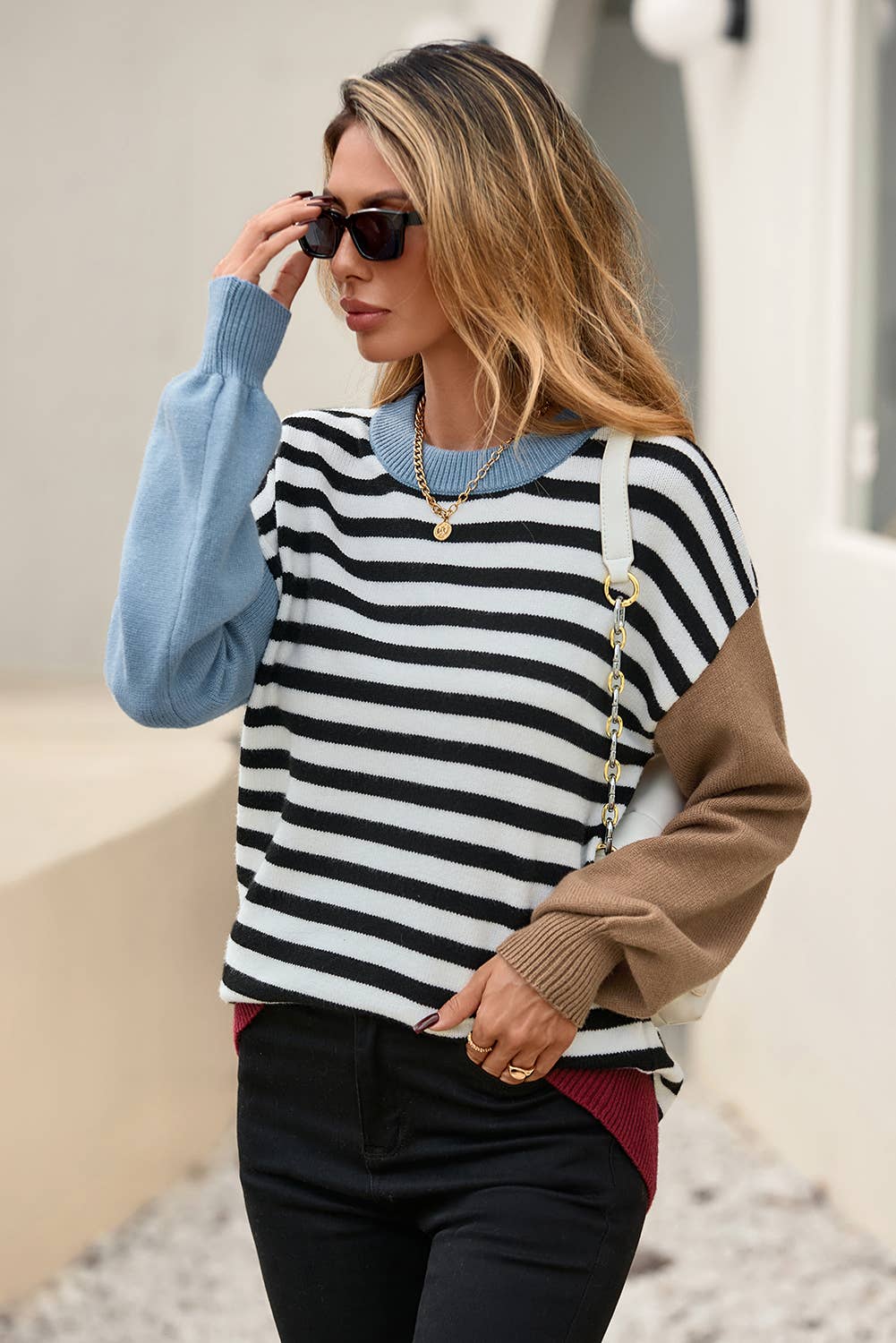 Noir Pull chic à manches rayées en colorblock noir LDC en vente sur Faire1