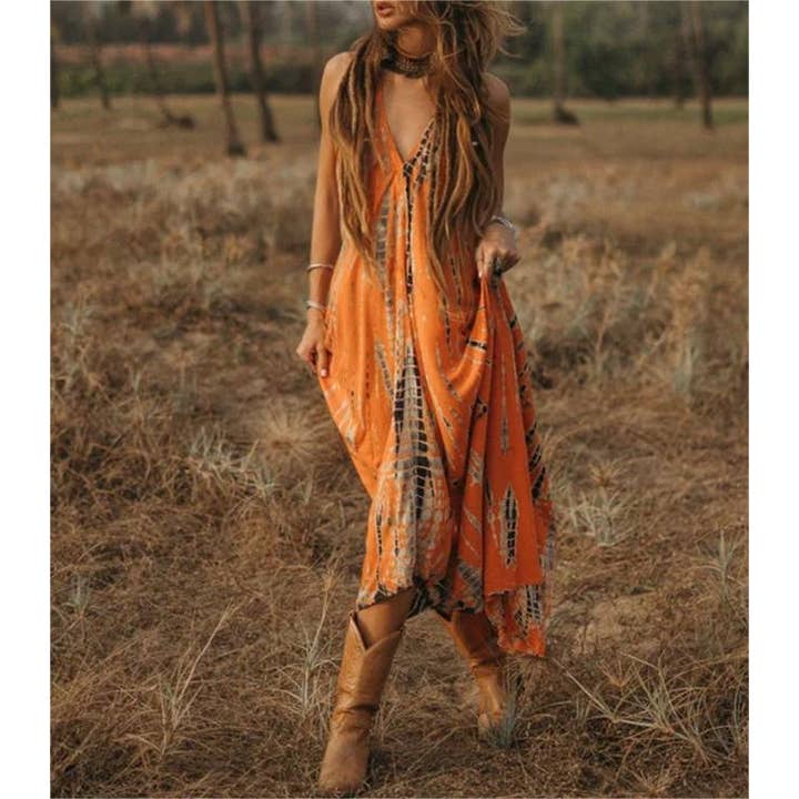 Rosa Clothing - Wholesale Dress - Women's - Swing halterneck tie backless print dress