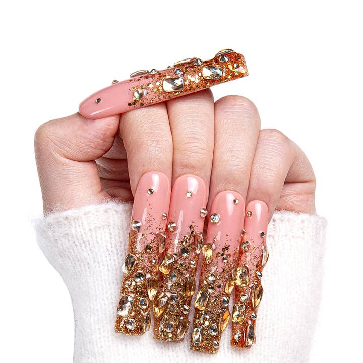 LOVFUL Stardust Gold Strass Fait Main Réutilisable Ongles Complets à Presser H84 pour la vente par Laflare