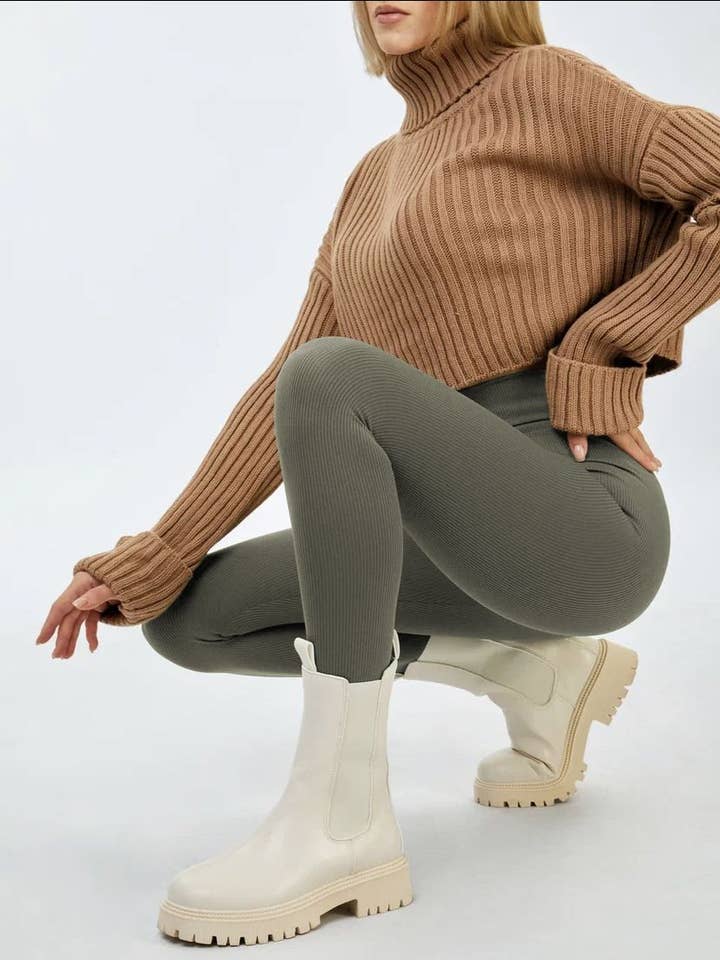 Lookus - Wholesale Fashion Leggings - Women's - Irem Fleece Lined Ribbed Leggings Olive