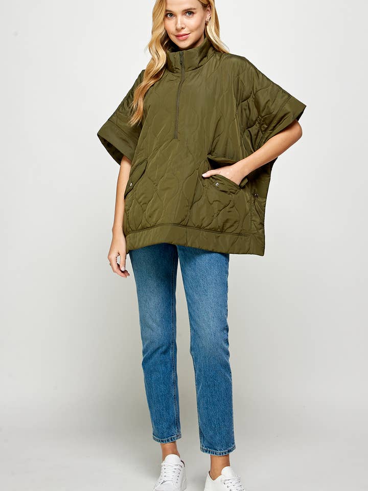Ellison - Wholesale Poncho - Women's - KJ-1379-6 OVERSIZED QUILTED PONCHO OLIVE