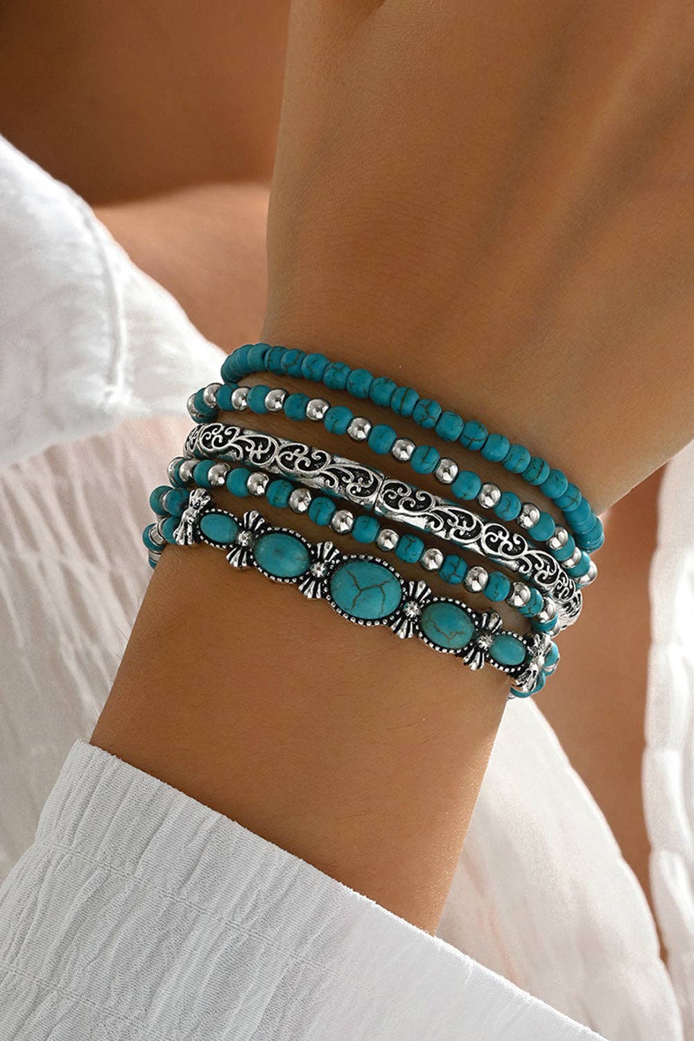 Argenté Bracelet à cinq couches avec perles turquoise occidentales argentées en vente sur Faire1
