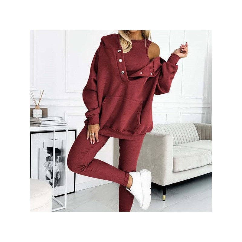 ShieldChic - Wholesale Lounge Set - Women's - 3-Piece Set- Leisure Hoodie, Thick Ribbed Vest, And Pants0