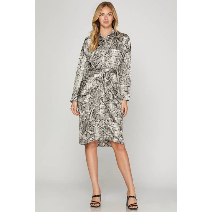 Snake Printed Long Sleeve Dress with Button n Tie for wholesale by BNS