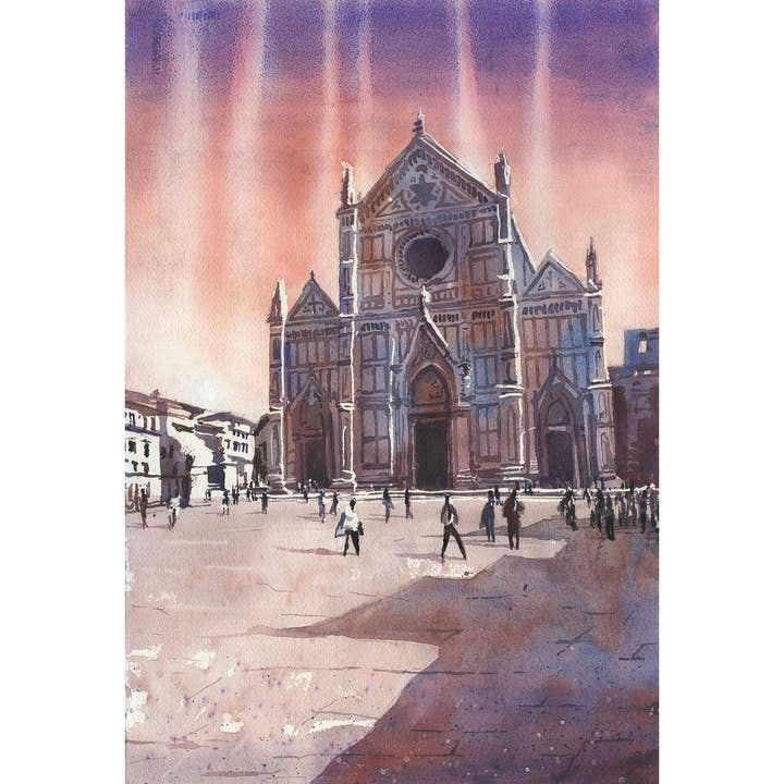 Art mural coloré, Florence, Italie, église Santa Croce, coucher de soleil, paysage urbain coloré de l'Europe, paysage urbain, horizon de Florence, œuvre d'art, église, giclée tendance (impression) pour la vente par Ryan Fox Fine Art