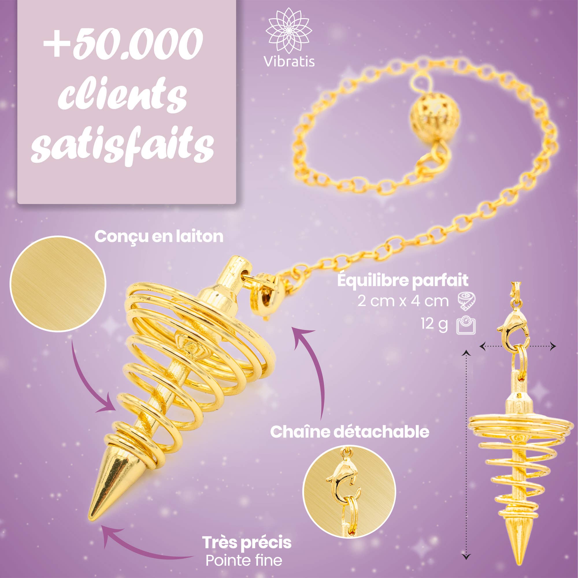 Vibratis - Vente Accessoire de méditation - Pendule divinatoire de radiesthésie - Spirale doré3