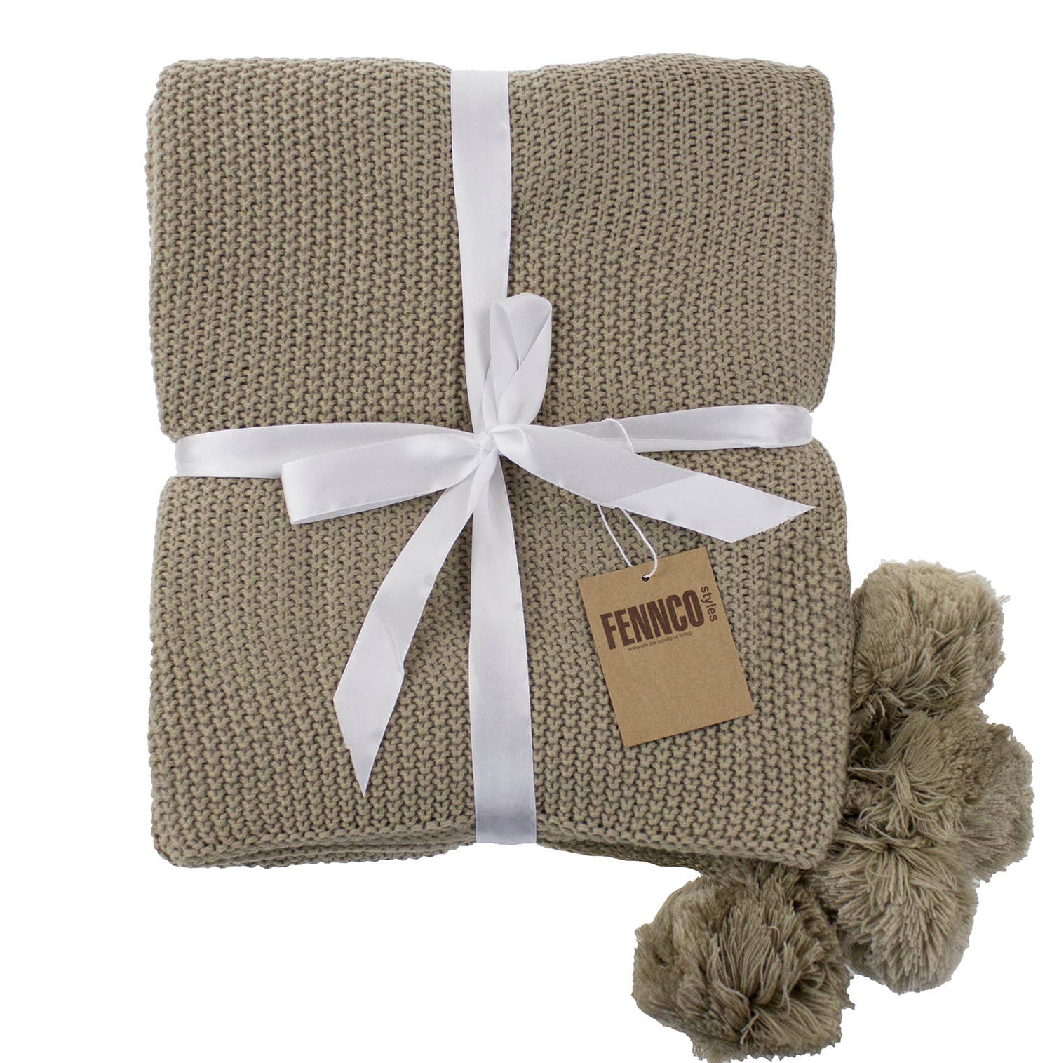 Fennco Styles - Wholesale Throw Blanket - Khaki Chunky Knit Pom Pom Throw Blanket4