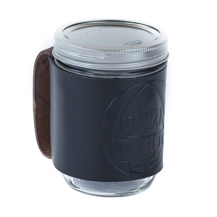 Leren Mason Jar Coozie voor wholesale door Lifetime Leather Co