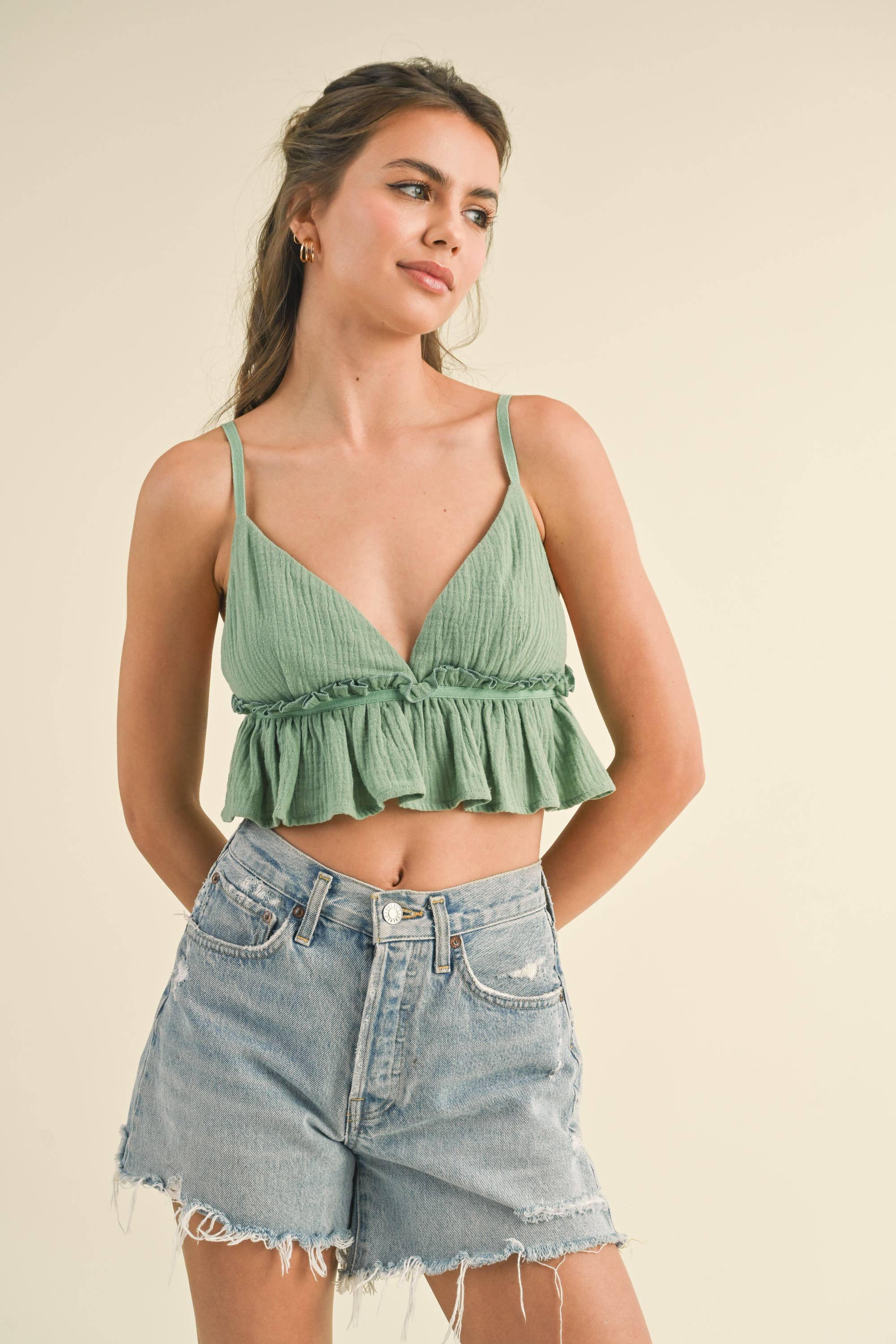 Klesis – wholesale Blouse – Women’s – IT3572 SPAGHETTI STRAP RUFFLED CROP TOP9