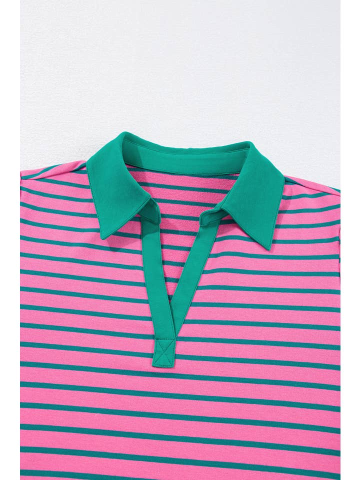 Pink Plus Size Stripe V Neck Puff Sleeve Collared Shirt Dress for wholesale on Faire
