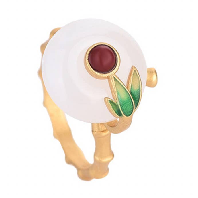 Asian/Chinese Style Bamboo on Jade Open Ring for wholesale by Bright MacMing