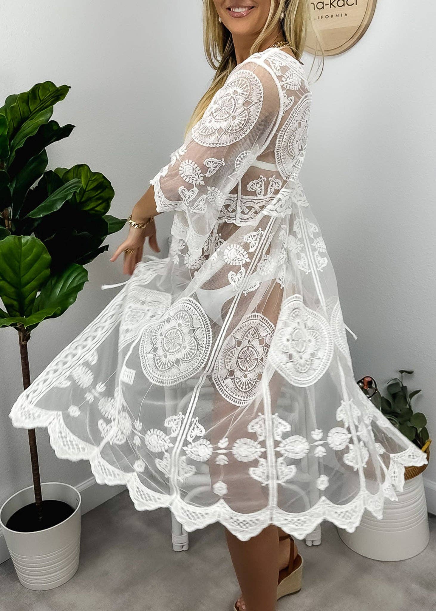 Anna Kaci Wholesale - Wholesale Swim Cover Up - Women's - Half Sleeve Tie Front Embroidered Lace Kimono Cardigan Cover4