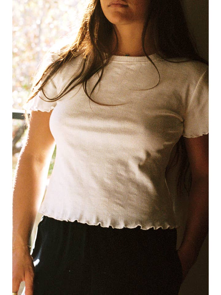 White Pointelle Flutter Tee for wholesale on Faire