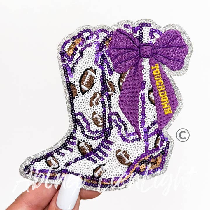 Football Touchdown Purple Bow Boot Sequin Patch - Small for wholesale by ABLNco