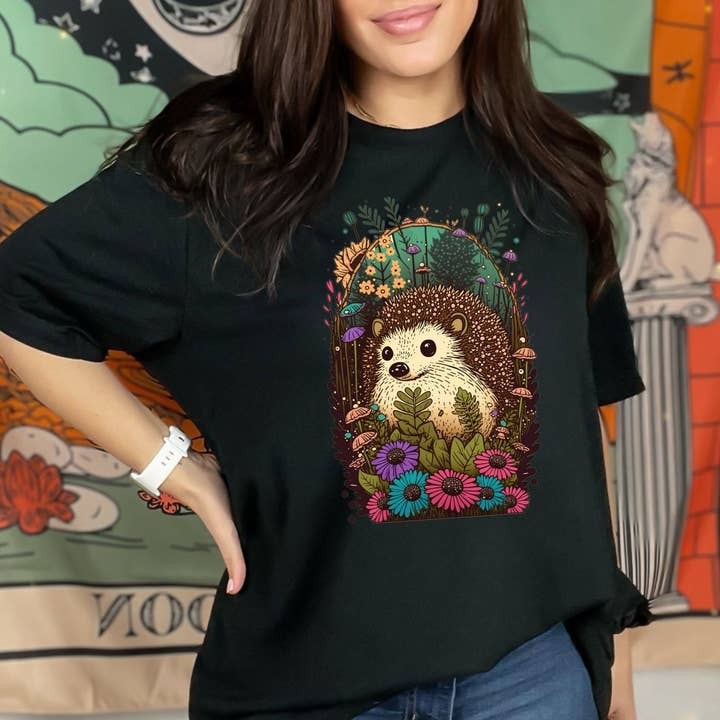 Vivtrek - Wholesale Screen Printed T-Shirt - Women's - Baby Hedgehog Floral Cottagecore Tshirt, Flower8