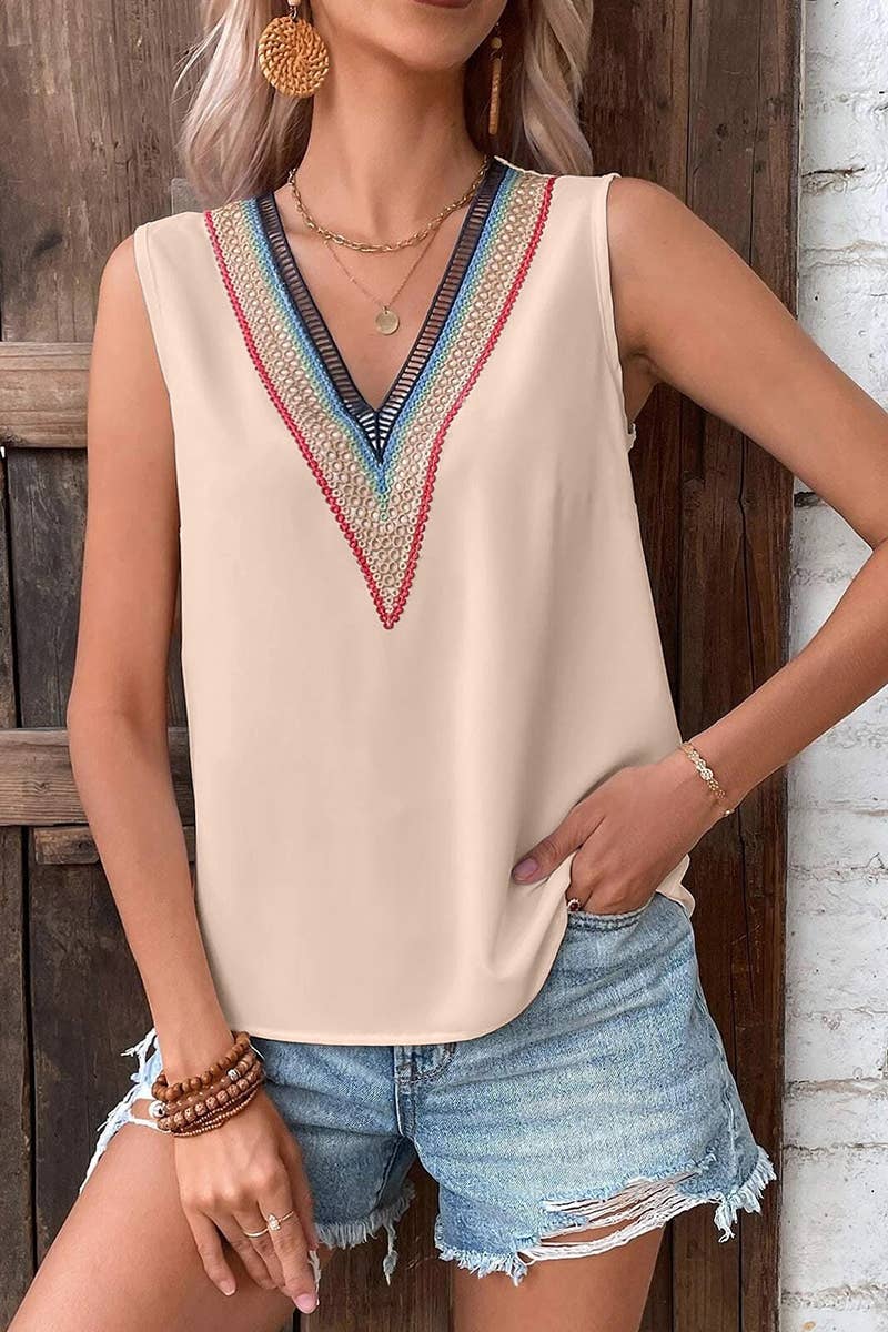 Lily Clothing - Wholesale Blouse - Women's - MULTICOLOR LACE V NECK SLEEVELESS BLOUSE_CWTBLSL00254