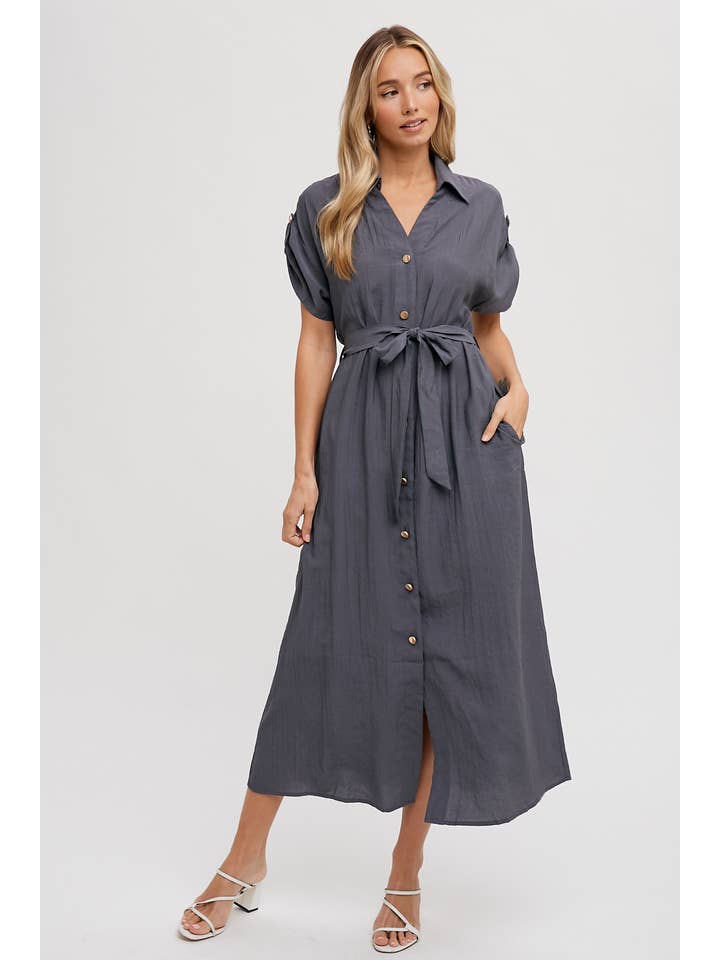 Bluivy - Wholesale Dress - Women's - ROLL-TAB SLEEVE BELTED SHIRT DRESS