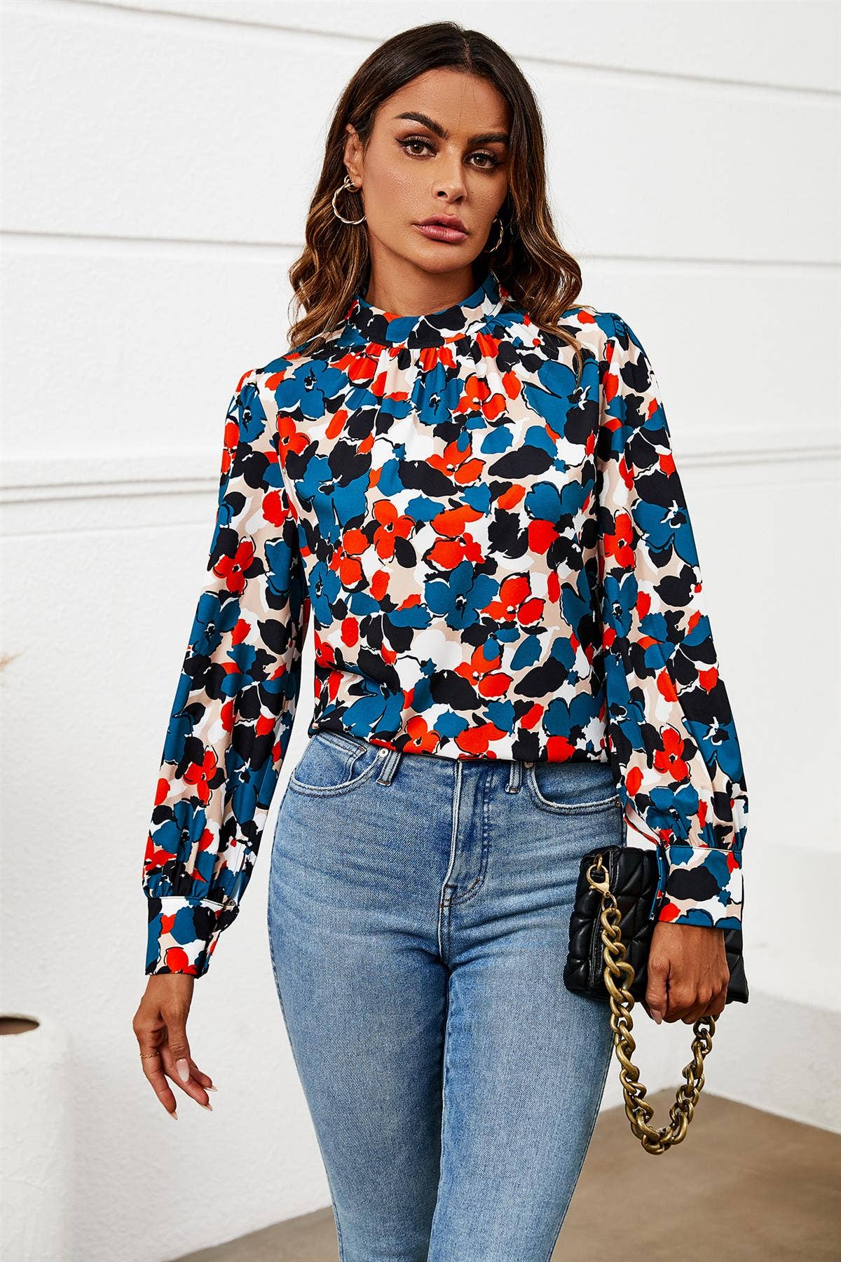Floral Print Long Sleeve High Neck Top In Blue for wholesale on Faire5