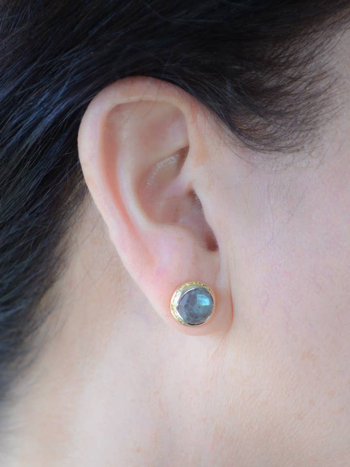 Rhodium / Gold labradorite stud earrings for wholesale by AJS Design Studio