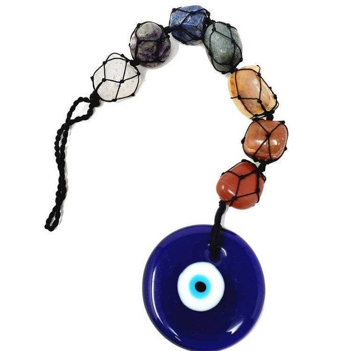 GREENROOTS USA LLC - Wholesale Wall Accent - Large Evil Eye Seven Chakra Gemstone Wall Hanging 11-12" H0