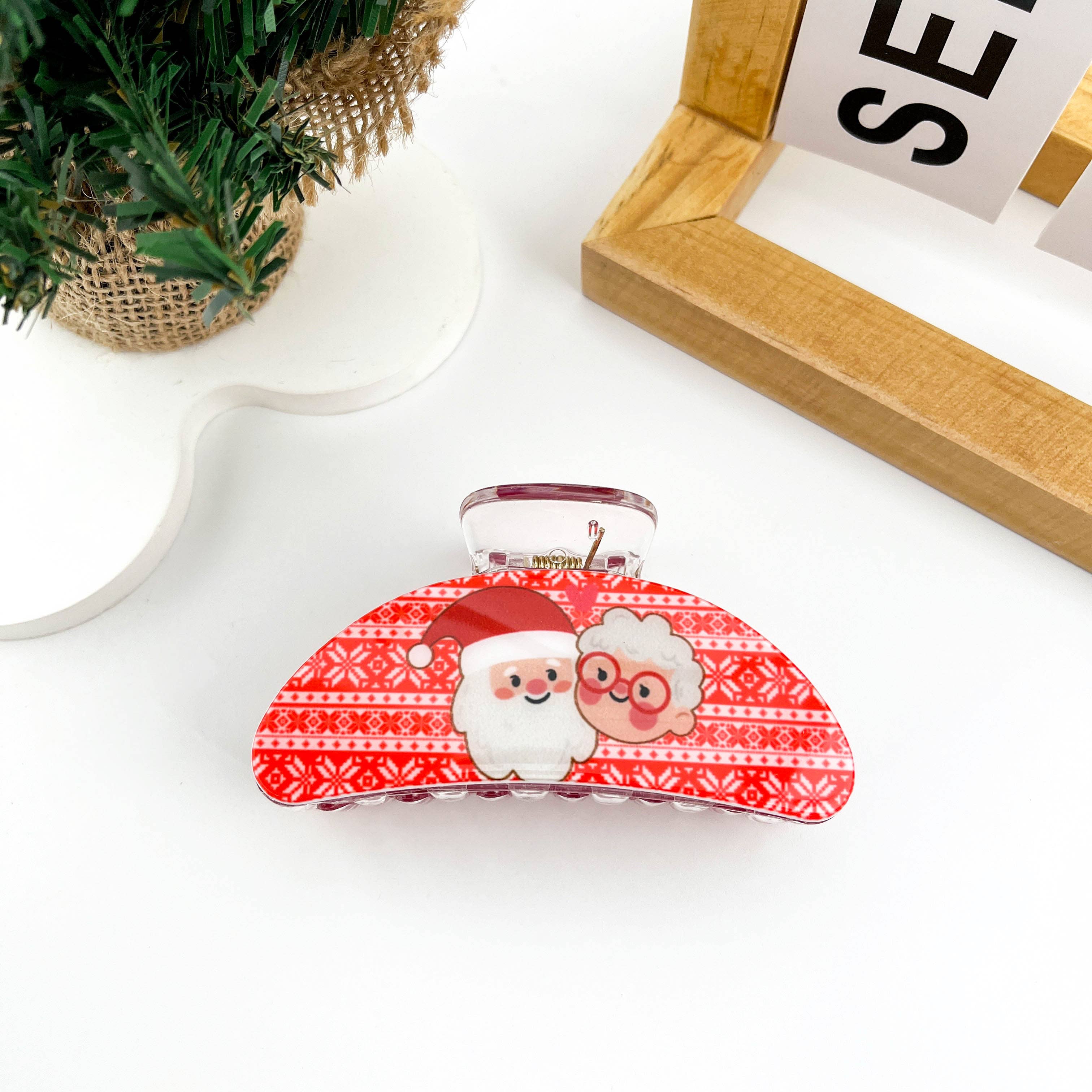 mildstyles - Wholesale Hair Clip - Women's - Christmas Red PU Santa Claus Printed Crescent Hair Claw Clip2