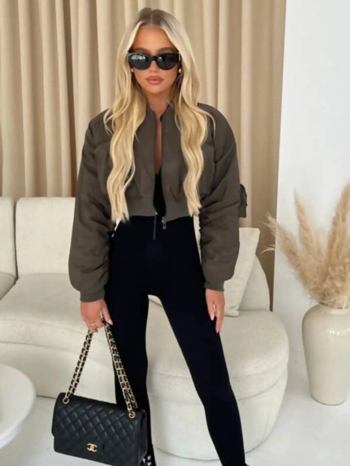 Khaki Cropped Cargo Bomber Jacket - Fiora for wholesale by Femme Luxe