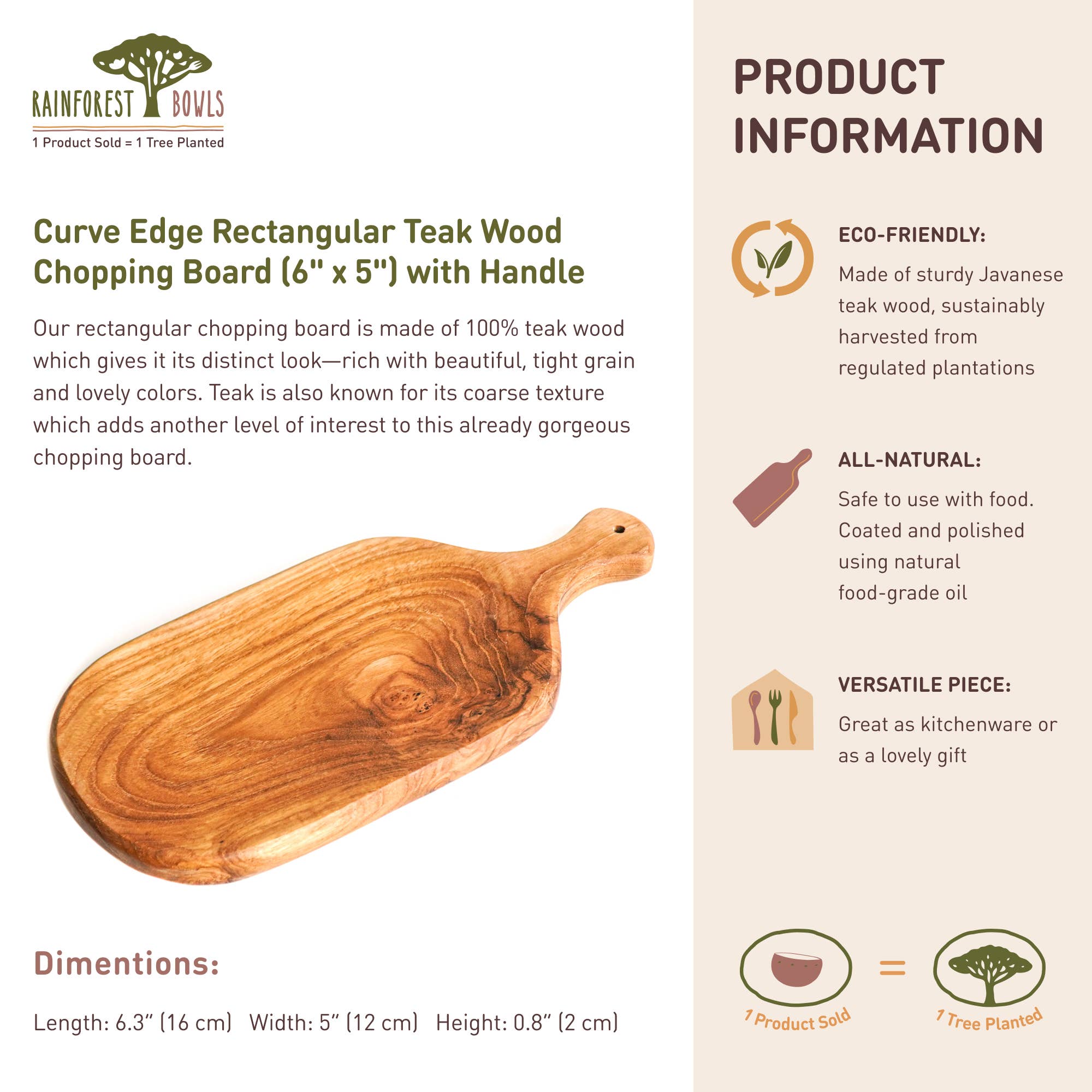 Rainforest Bowls - Wholesale Cutting Board - Curve Edge Rectangular Teak Wood Chopping Board (6" x 5")7