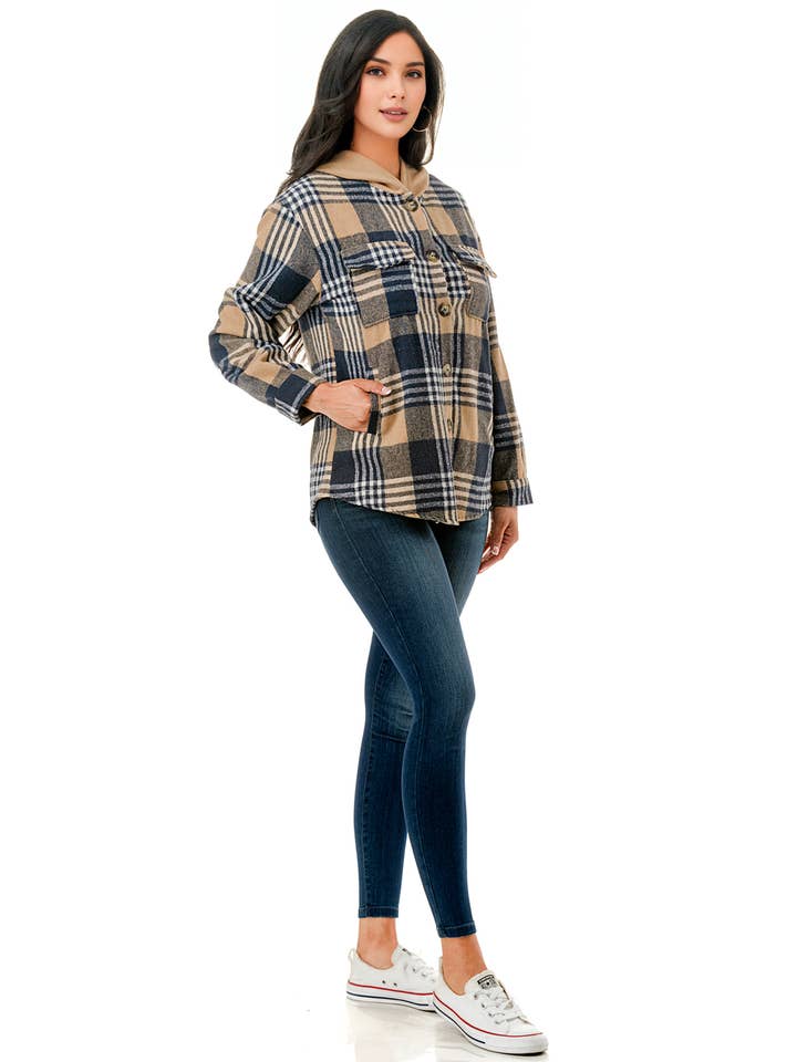 Color 5 - Wholesale Shirt Jacket/Shacket - Women's - Over size plaid flannel shacket with hoodie and pockets 5