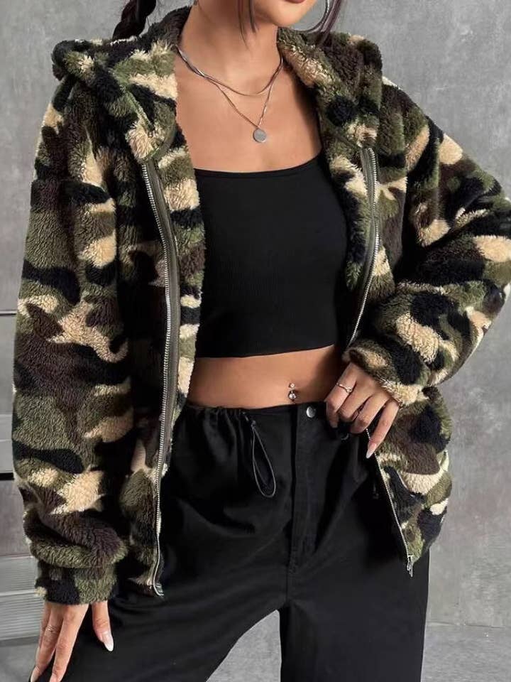 Street Double-sided Plush Camo Pattern Jacket for wholesale by Rosa Clothing
