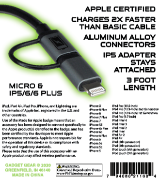 Novelty Brands - Wholesale Charging Cable - GADGET GEAR MULTI-HEAD LIGHTNING/MICRO-USB CABLE- 3 PER PACK2