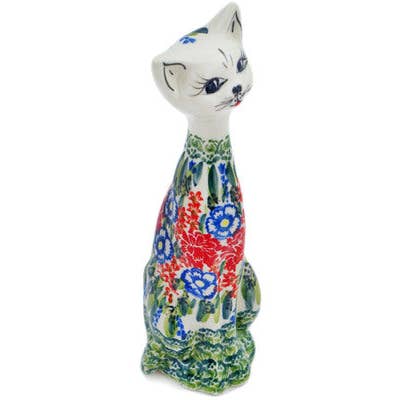 Cat Figurine 8" Botanical Bliss Theme UNIKAT for wholesale by Polmedia Polish Pottery