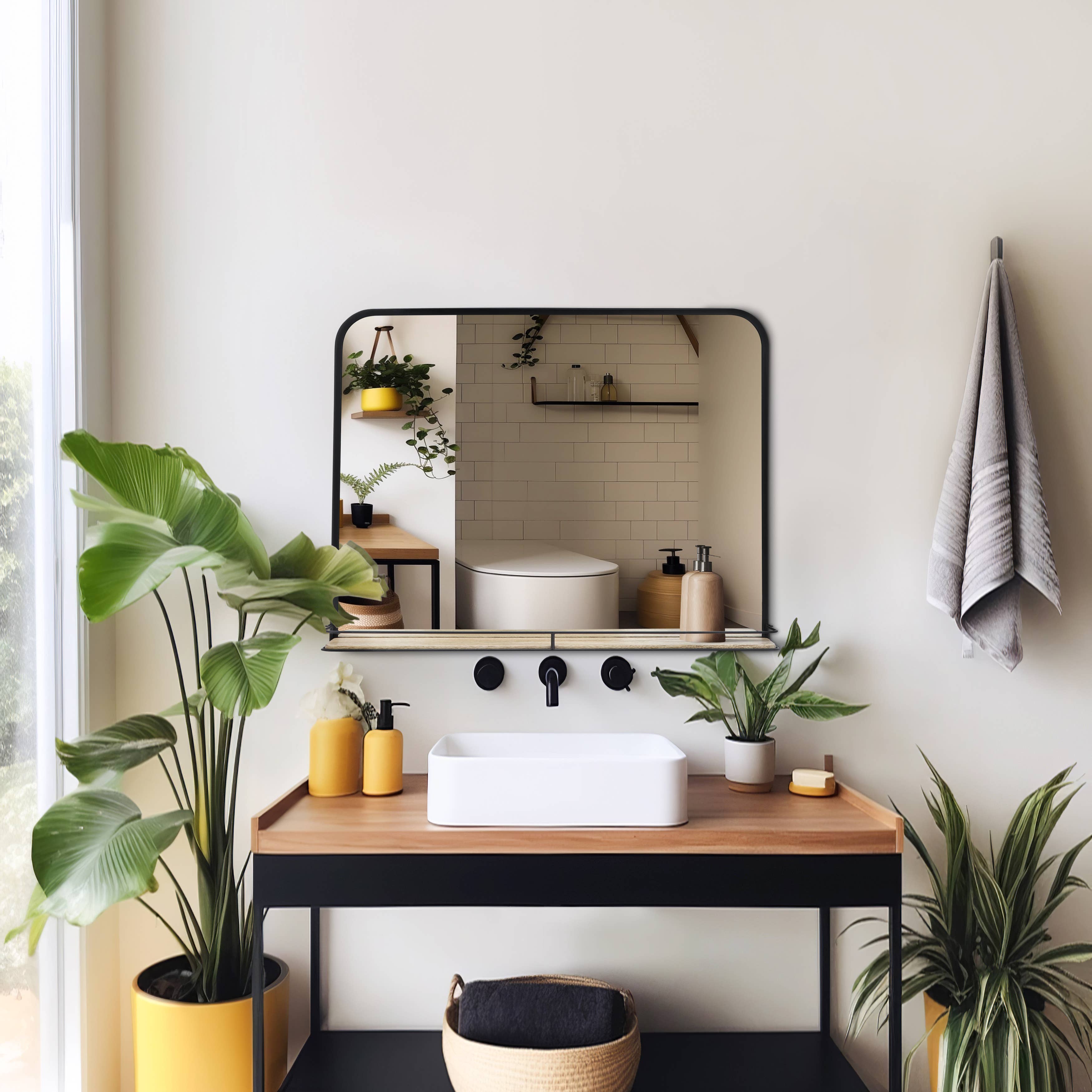 Sagebrook Home - Wholesale Wall Mirror - Metal Wood Wall Mirror with Folding Shelf - Black, 18 in.0