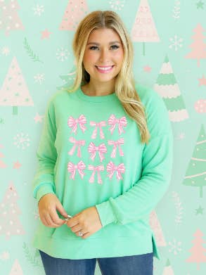 Christmas Ribbon Bow on Micro Fleece Crewneck, Sea Foam for wholesale by GRACE+EMMA by Southern Grace