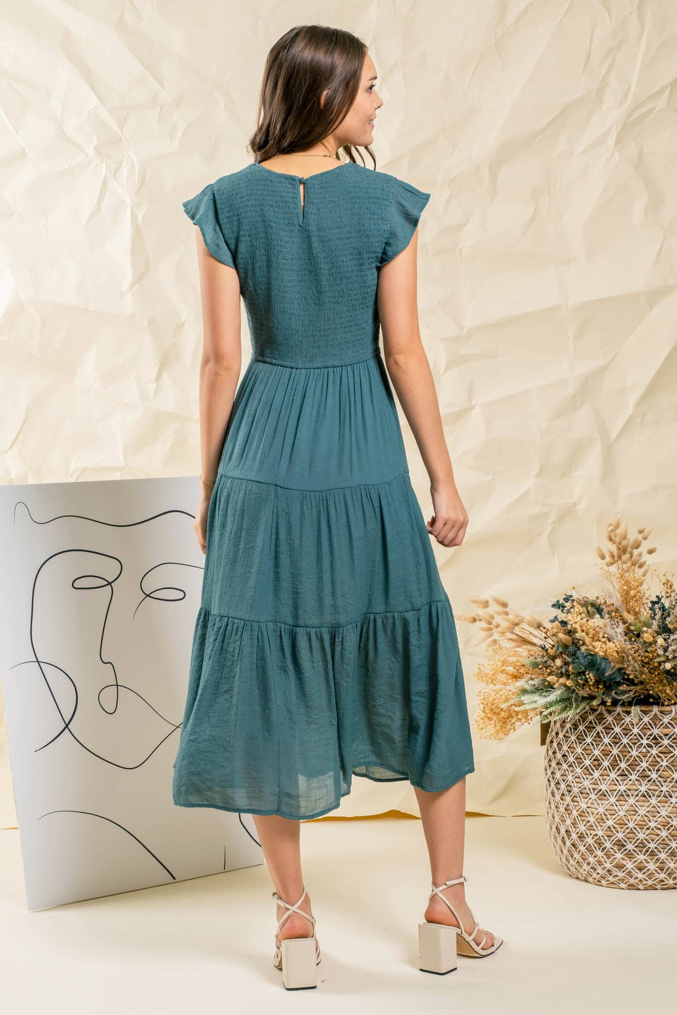 Blu Pepper - Venta al por mayor Vestido - Mujer - Vestido midi con volantes y cuerpo fruncido100